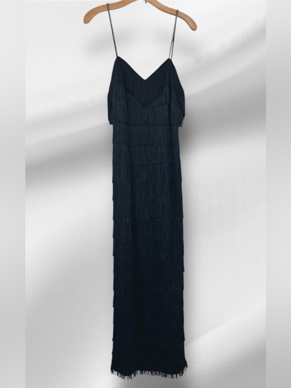 Roberta Vintage 80’s Black Fringe Column Gown with Rhinestone Straps